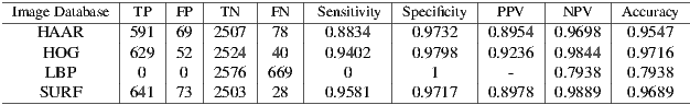 -------------|----|---|------|----|---------|---------|------|-------|--------- Im age Database TP FP T N FN Sensitivity Specificity PPV N PV Accur& HAA R |591 |69 | 2507 |78 | 0.8834 | 0.9732 |0.8954 |0.9698 | 0.9547 H OG |629 |52 | 2524 |40 | 0.9402 | 0.9798 |0.9236 |0.9844 | 0.9716 LBP | 0 | 0 | 2576 |669 | 0 | 1 | - |0.7938 | 0.7938 ----SUR-F-----641--73---2503--28----0.9581----0.9717---0.8978--0.9889---0.9689---
