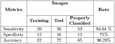 |----------|---------------------------|--------| |          |         Images            |        | | Metrics  |                           | Rate   | |          |---------|-----|-Properly--|        | |          |Training |Test | Classified  |        | |----------|---------|-----|-----------|--------| |Sensitivity-|---20----|-56--|----53-----|94.64-%--| |Specificity--|---12----|-16--|----12-----|--75%----| -Accuracy------32------72-------65------90.28%--  